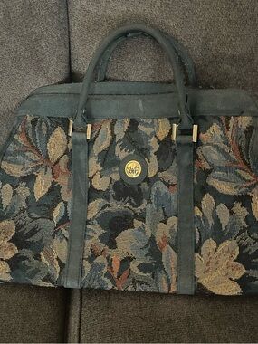Vintage Floral Tapestry Satchel Bag with Teal Suede Trim